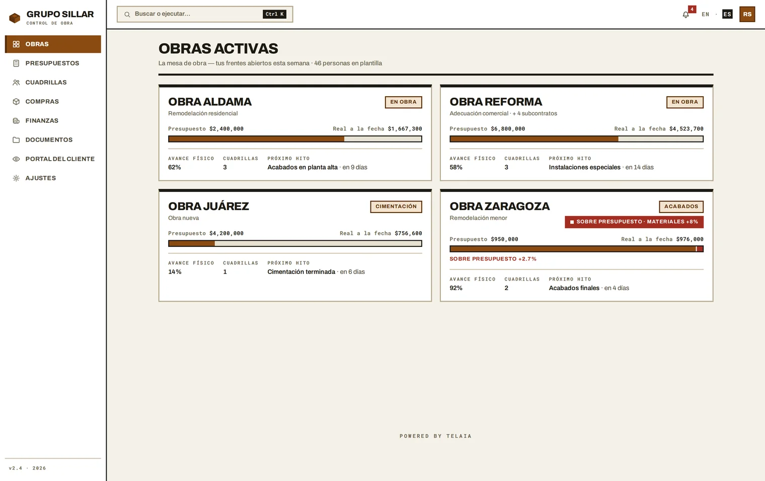 Grupo Sillar running live — the screen you land on when you open the demo.
