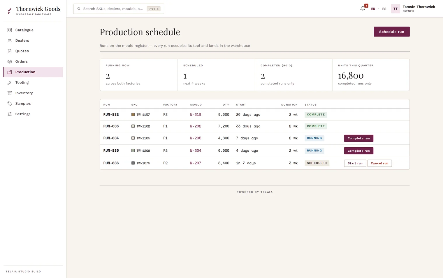 Thornwick Goods running live — the screen you land on when you open the demo.