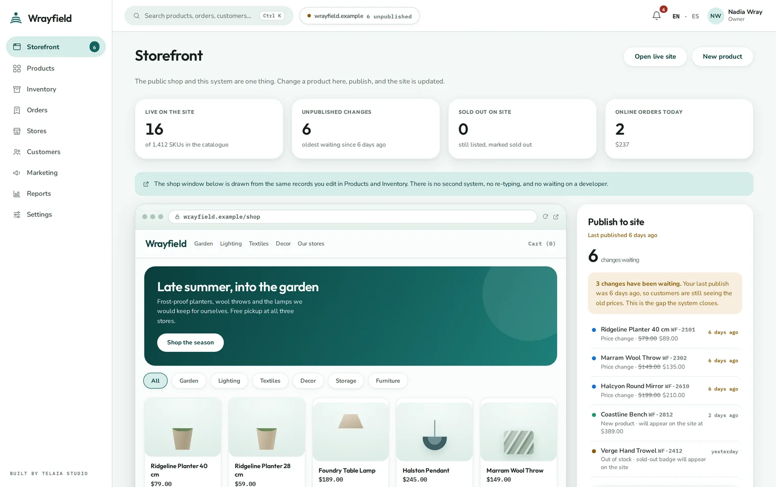 Wrayfield running live — the screen you land on when you open the demo.