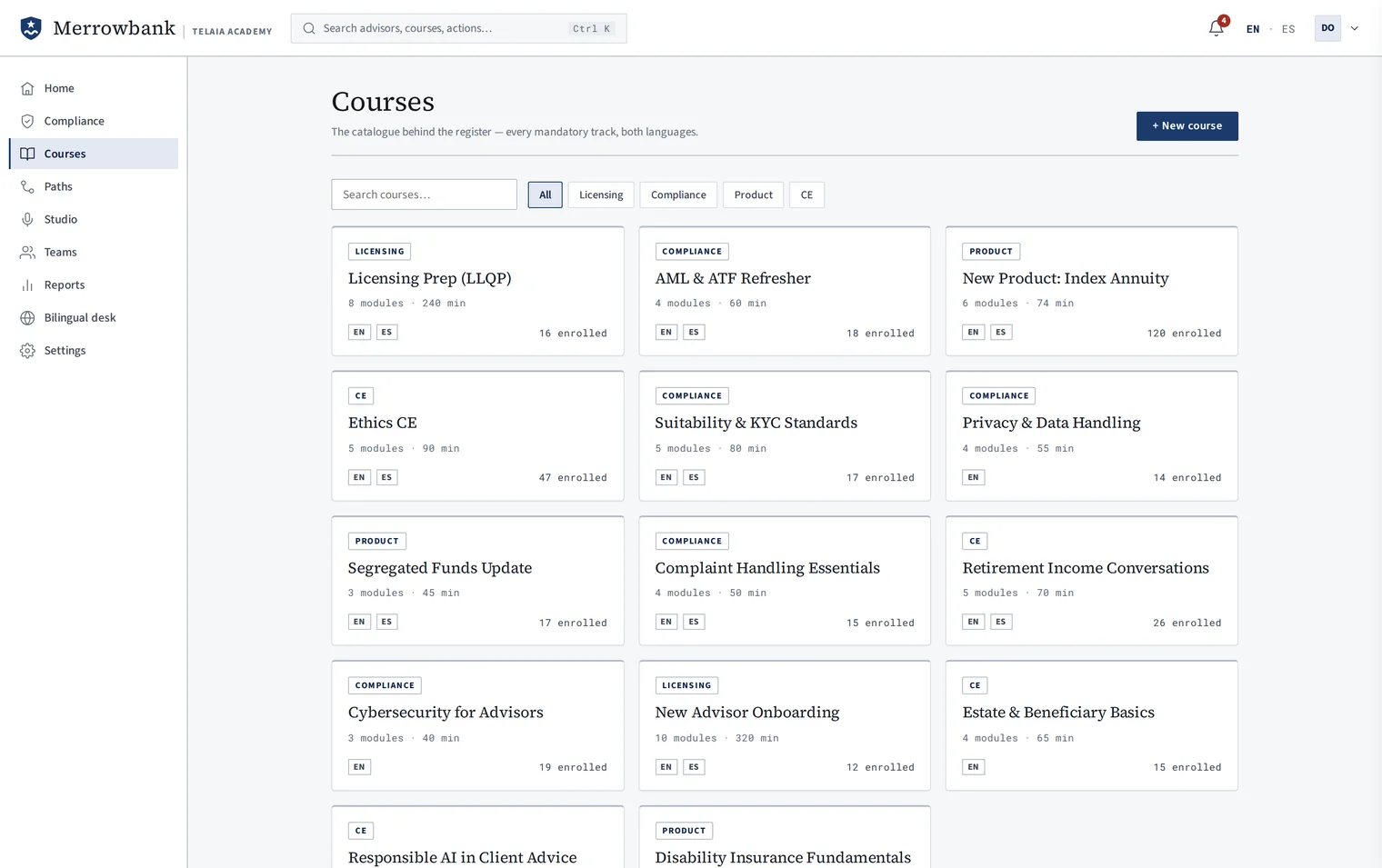 The Merrowbank demo's course screen: one recorded session cut into titled chapters, with the quiz beside it.